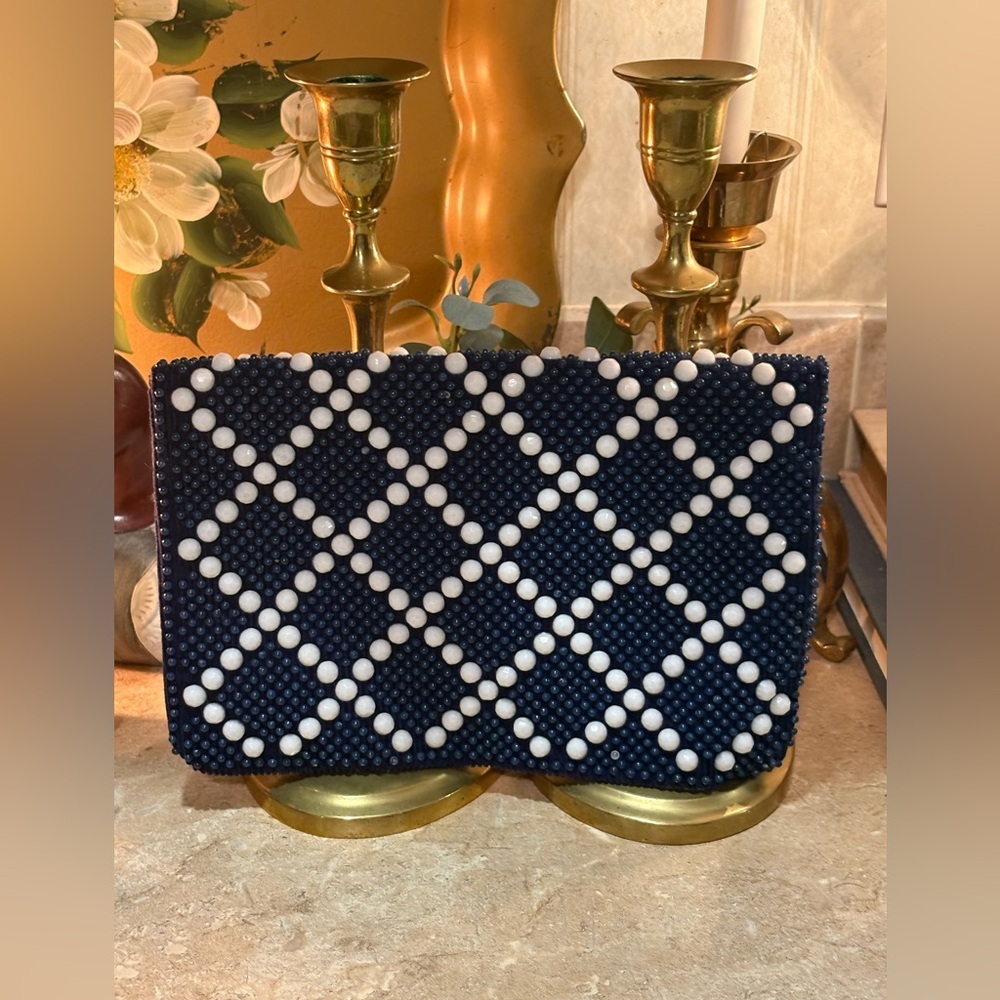 Mr. Jonas Vintage Navy and White Beaded Clutch made in Hong Kong. - Picture 3 of 12